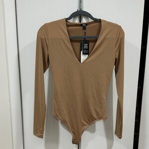 Express tan v neck thong body suit